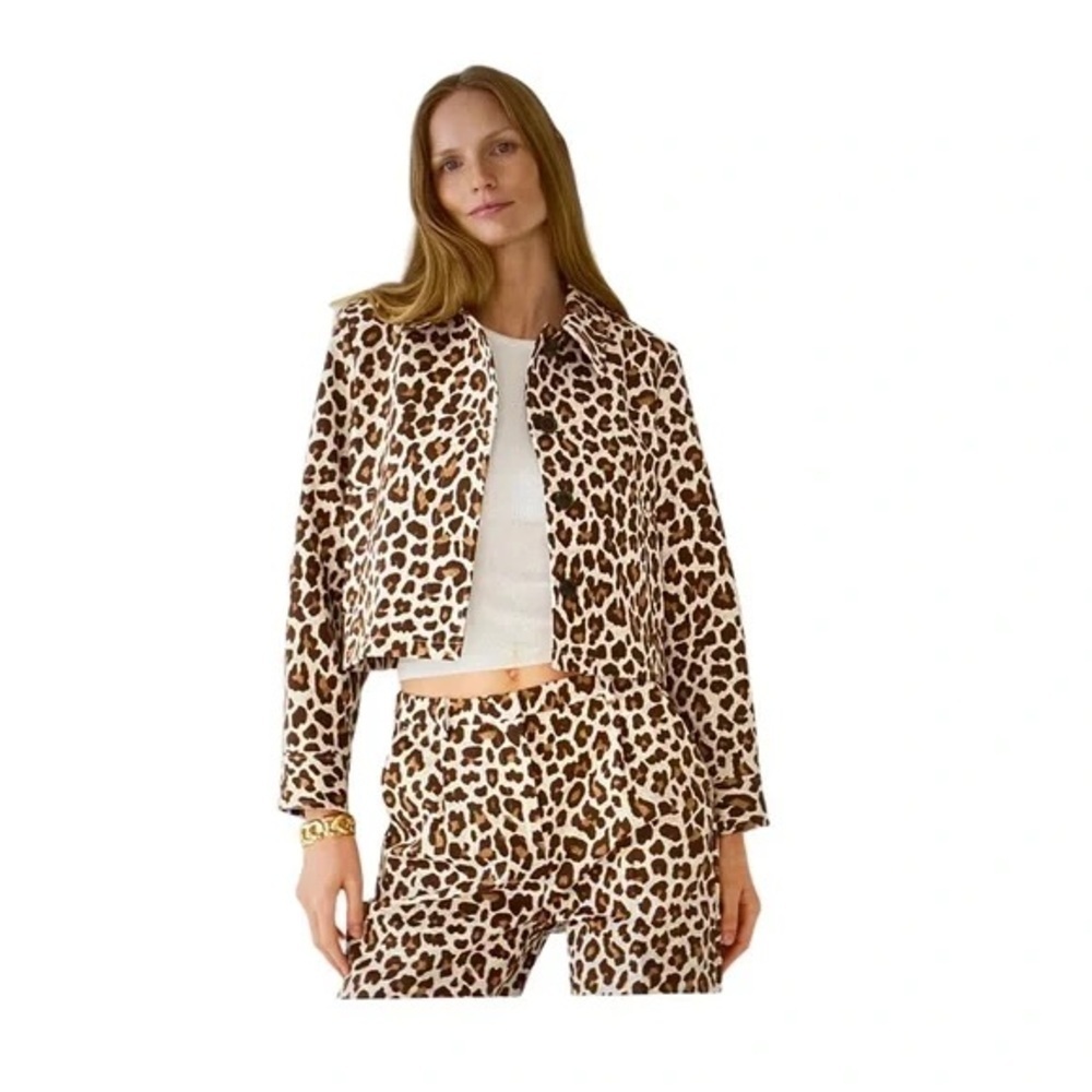 J. Crew Collection 100% Cotton Brown and Cream Animal Print Jacket Cropped 6